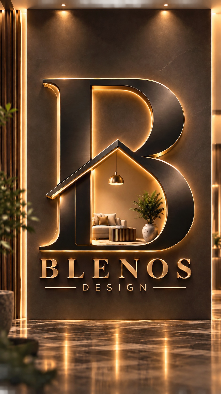 Illuminated BLENOS Design monogram in a warm studio interior